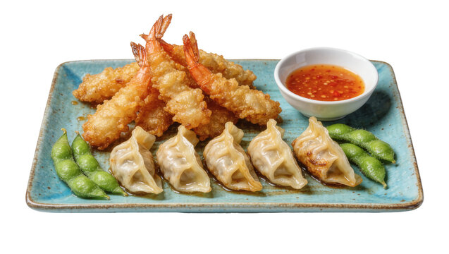 Crispy fried tempura shrimp with gyoza dumplings and edamame on a ceramic plate