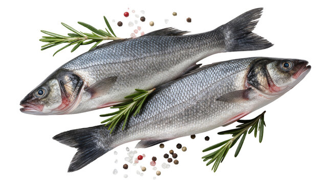 Two fresh whole sea bass fish with rosemary sprigs and peppercorns