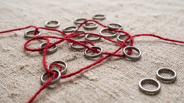 An untidy collection of metallic rings and vibrant red electrical wire lies on a grainy gray backdrop