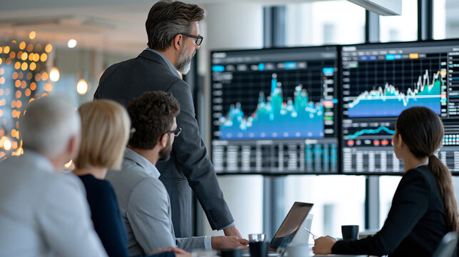 Modern corporate office with a diverse team reviewing interactive business intelligence dashboards on a wall display, sales trends, performance indicators, collaborative analysis,
