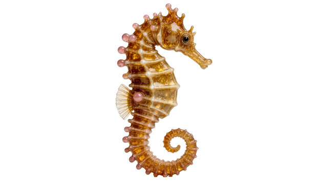 Amber colored seahorse with pink nodules and translucent fins