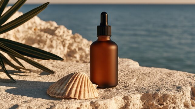 Amber bottle displays natural skincare beside a seashell on a sunlit coastal stone