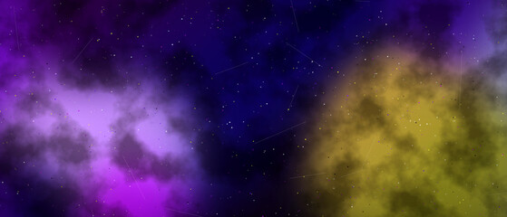 Abstract purple and gold nebula clouds filling a deep space starfield, evoking the vastness and mystery of the universe © GomatiDevi