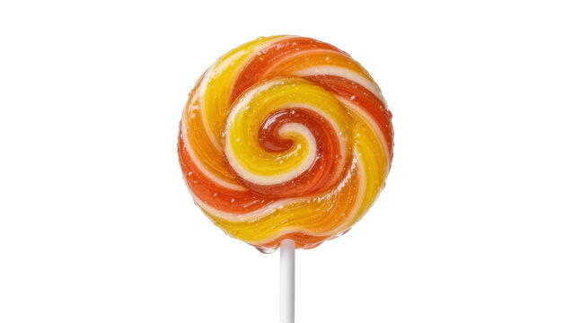 Swirled orange and yellow round hard candy lollipop on a white plastic stick