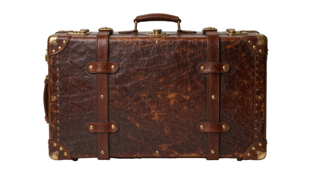 Vintage brown leather suitcase with brass hardware and reinforced metal corners