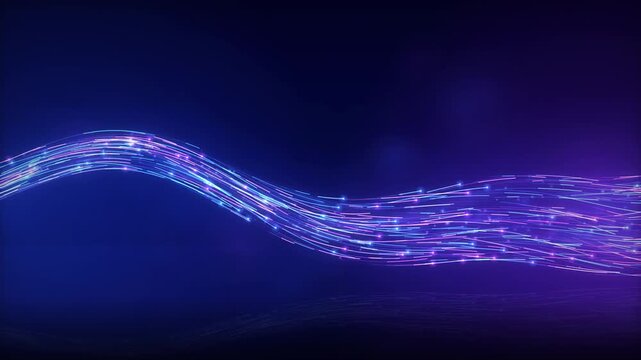 abstract flowing wave of digital particles and light streaks, dark blue background with subtle texture, futuristic technology concept