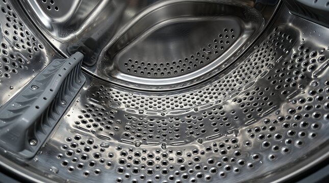 Close up wide angle interior view inside a stainless steel washing machine drum showing metallic perforations pattern water drainage holes and textured steel surfacemodern laundry appliance