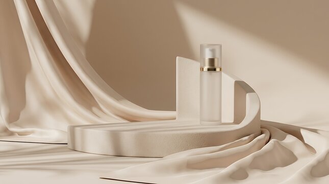 Elegant minimalist 3d studio showcase scene featuring soft draped silk fabric and delicate shadow effects on monochrome beige pastel backdrop for cosmetic luxury beauty product presentation abstract