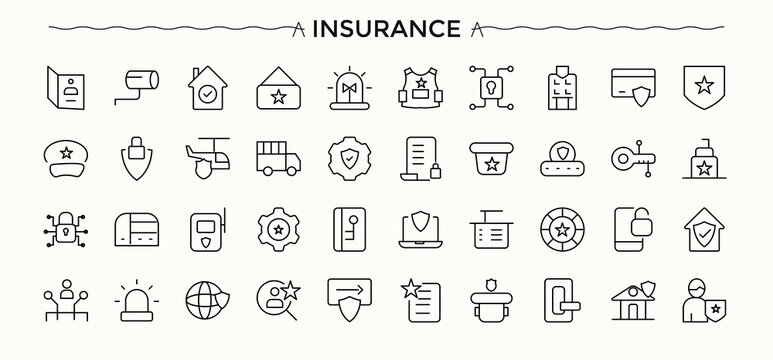Insurance vector icon set. Saving simple icon set. Minimalist editable vector stroke. Contains such symbols as financial, business, help, insured, assurance, risk and more. Editable vector stroke.