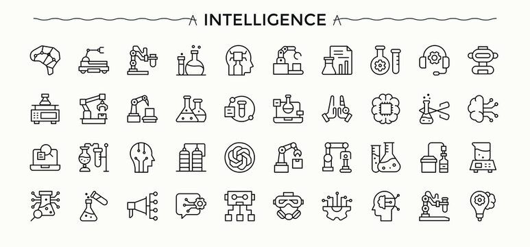 Intelligence related icon set. Artificial modern icon set. Featuring bot, future, automation, machine, intelligent, tech and more. Editable vector art and illustration.