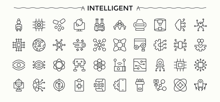 Intelligent icon set. Intelligent vector line icon set. Containing machine, bot, automation, artificial intelligence, robot and more. Vector illustration.