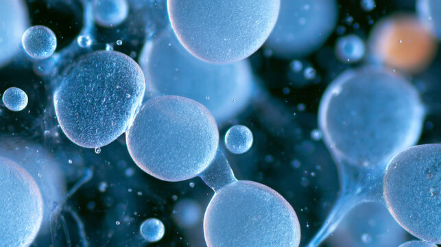 Microscopic view of yeast cells showing characteristic budding and filament formation under a microscope, with copy space