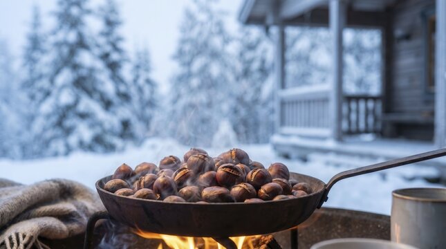 Roasted chestnuts steam inside skillet over glowing campfire during snowy day. Warm snacks emit gentle vapor before rustic wooden chalet surrounded by pine trees under cold weather conditions.