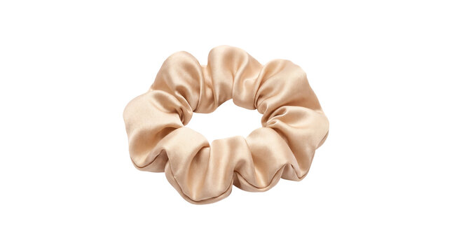 Luxury champagne silk scrunchie isolated on white, elegant satin hair tie for beauty styling, beige fabric elastic hair band, minimalist hair accessory