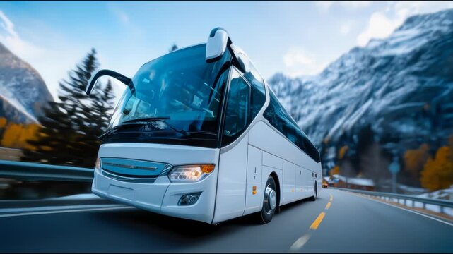 A white coach travels along a mountain road past golden trees and snowy peaks, with blurred surroundings emphasizing motion and scenic tourism