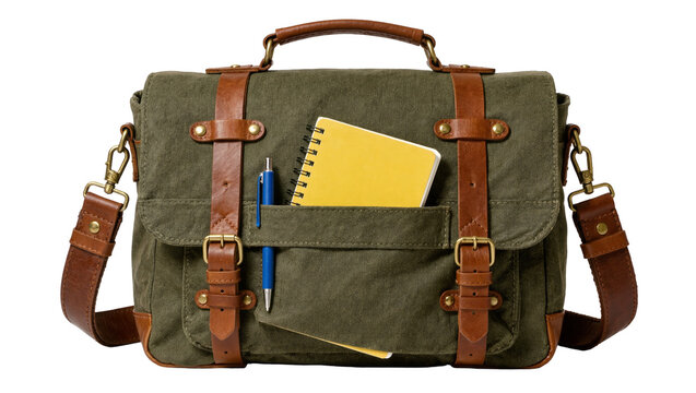Olive green canvas messenger bag with brown leather straps and yellow notebook