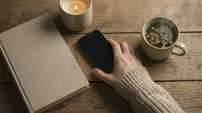 Person sets mobile phone down on rustic wood desk seeking quiet offline moment. Warm candlelight illuminates closed book, ceramic cup of hot infusion, and hand resting beside telephone.