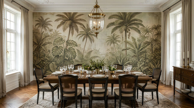 Elegant dining room interior with a tropical palm tree forest wallpaper and modern wooden furniture