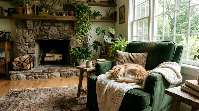 Cute ginger cat sleeping on a comfortable armchair in a cozy living room with a fireplace
