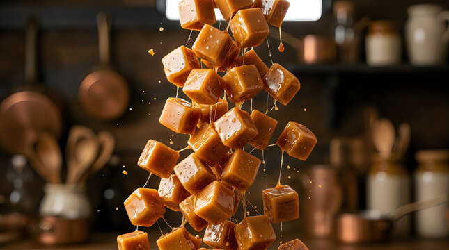 Delicious sweet caramel cubes falling in a dark rustic kitchen setting with sticky sugar strings