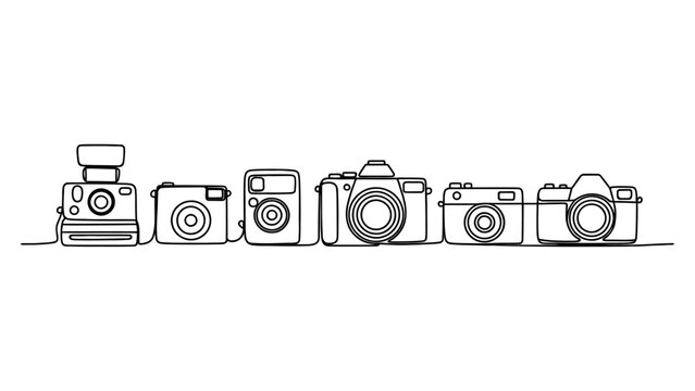Continuous single line drawing of various vintage and modern cameras in a row isolated on white background, Vector, illustration