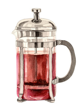 Watercolor French Press with Red Herbal Tea Isolated on White Background