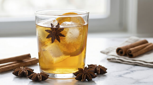 Refreshing spiced iced cocktail fills glass tumbler with ice cubes, citrus, and star anise garnish. Cinnamon rolls near refreshing spiced iced cocktail offer cozy gourmet beverage concept.