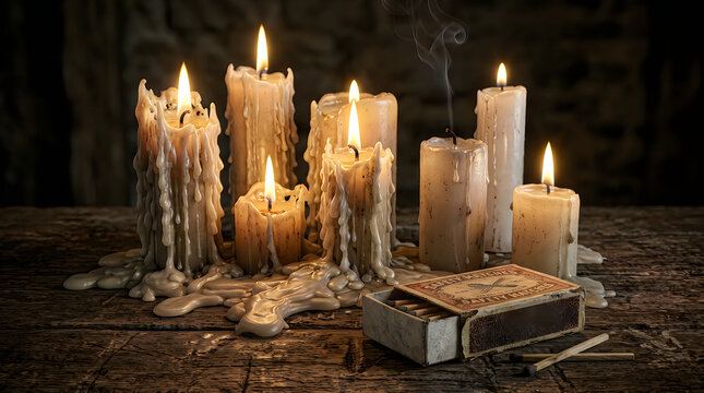Group of burning candles with glowing flames and a matchbox on a dark rustic wooden table surface