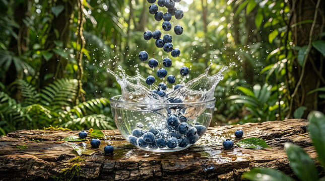 Fresh blueberries falling into a glass bowl of water in a lush green forest setting