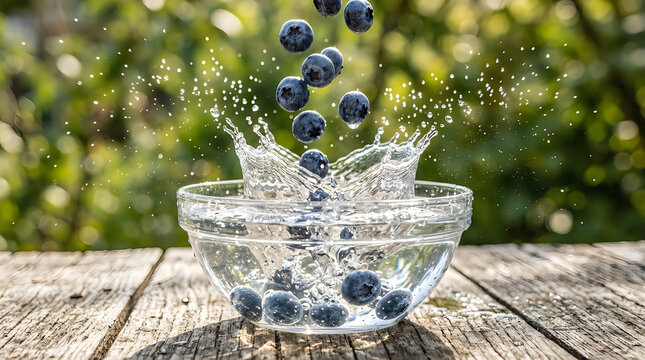 Fresh blueberries falling into a glass bowl of water on a wooden table with green bokeh background