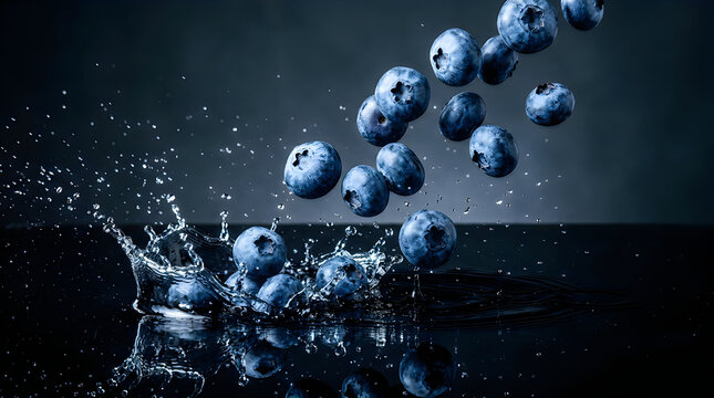 Fresh blueberries falling into water with dynamic splashes on a dark black background