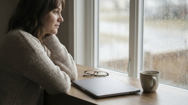Young woman pauses during remote work beside closed laptop on wooden surface by rainy window. Contemplative female freelancer gazes outside thoughtfully next to warm steaming cup and glasses.