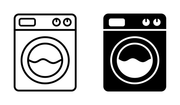 Washing machine silhouette and line art icons for laundry service concept.