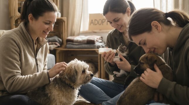 Animal shelter volunteers sit indoors tending rescued pets with gentle affection. One dedicated worker bottle feeds tiny kitten while caring teammates pet small dog and cuddle young puppy.