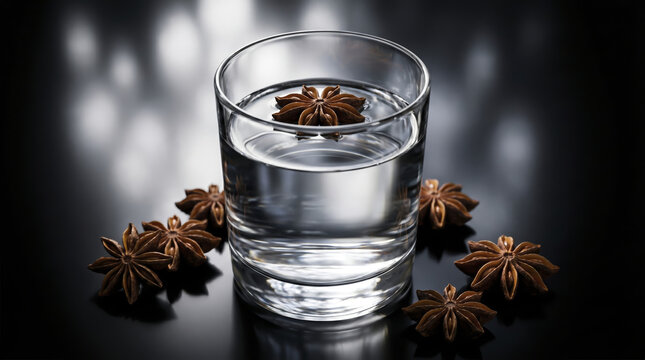 Star anise pod floats on clear liquid inside glass tumbler set on glossy surface. Aromatic cocktail showcases herbal garnish with dried spice botanicals arranged around beverage vessel.