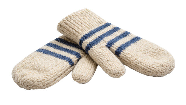 Beige knitted wool mittens with blue stripes for winter cold weather