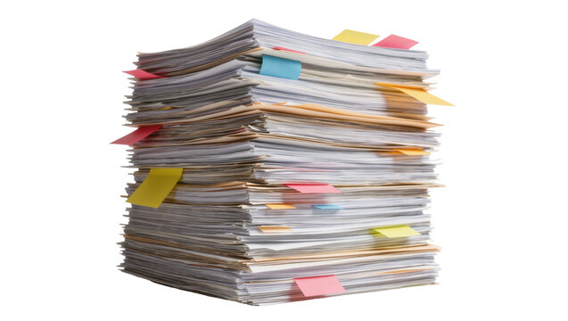 Tall stack of white office paper documents with colorful adhesive index tabs