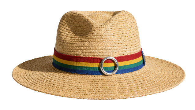 Woven straw fedora hat with a colorful rainbow striped ribbon and metal ring