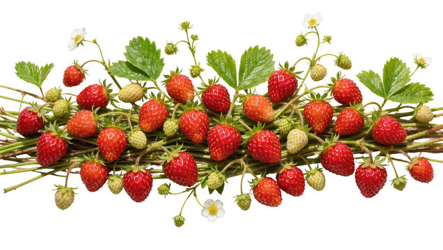 Fresh ripe red wild strawberries with green leaves and white flowers on stems