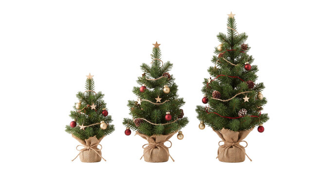 Three decorated Christmas trees of varying sizes with burlap bases PNG Isolated on transparent background