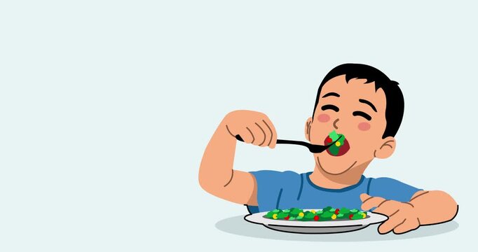 Vector illustration of a little boy eating a vegetable salad, with copy space