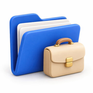 Blue document folders stand behind a beige business briefcase on a white background, representing office organization, paperwork, and professional work.