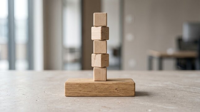 Carefully stacked wooden blocks create a precarious tower against a blurred modern interior background