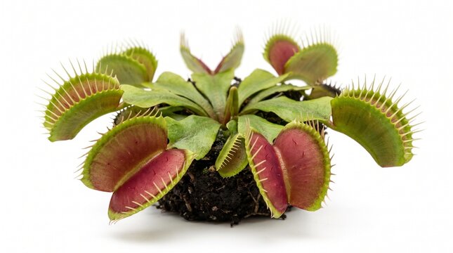 Close-up of a vibrant Venus flytrap plant with open traps on white background