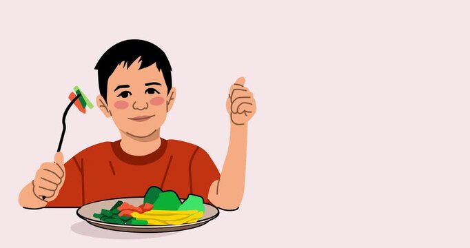 Vector illustration of a little boy eating a vegetable salad, with copy space