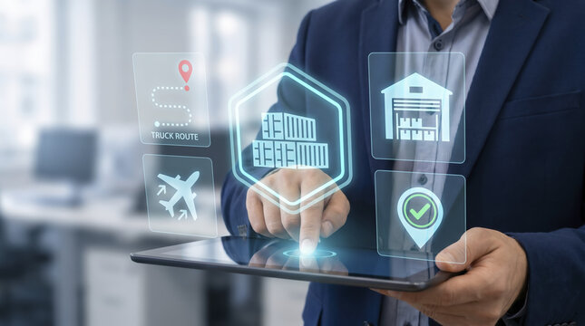 Businessman operates digital tablet displaying futuristic logistics technology interface with holographic freight icons, managing global supply chain operations inside corporate office.