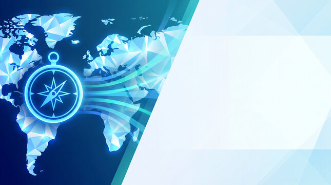 Glowing digital world map and navigation compass illustration featuring vibrant blue and white cyber elements