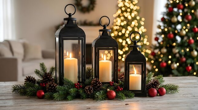 A cozy and welcoming christmas display with beautiful lanterns holding warm glowing candles and a softly focused festive tree in the background
