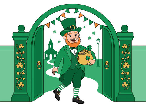 St. Patrick's Day Cartoon Leprechaun Carrying a Pot of Gold Through a Garden Gate, Irish Folklore Illustration