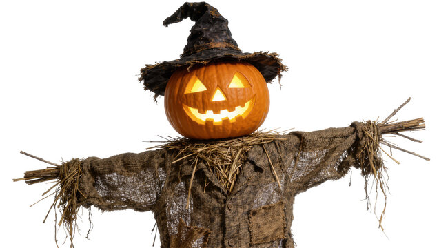 Glowing jack-o-lantern pumpkin head scarecrow wearing a tattered witch hat